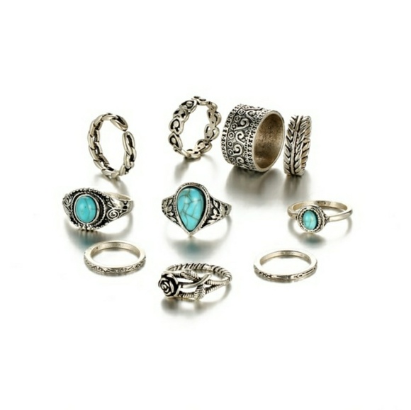 10 Ring Set Vintage style Turquoise - Picture 3 of 5